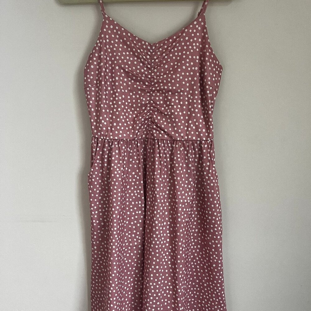 Yathon Womens Ruched Front Summer Dress Spaghetti Strap Polka Dot Pink Size M